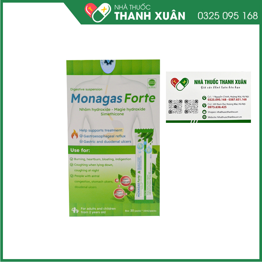 Monagas Forte giúp bảo vệ niêm mạc dạ dày, giảm trào ngược, trung hòa acid và hỗ trợ cải thiện các triệu chứng đau, ợ nóng, đầy bụng, buồn nôn